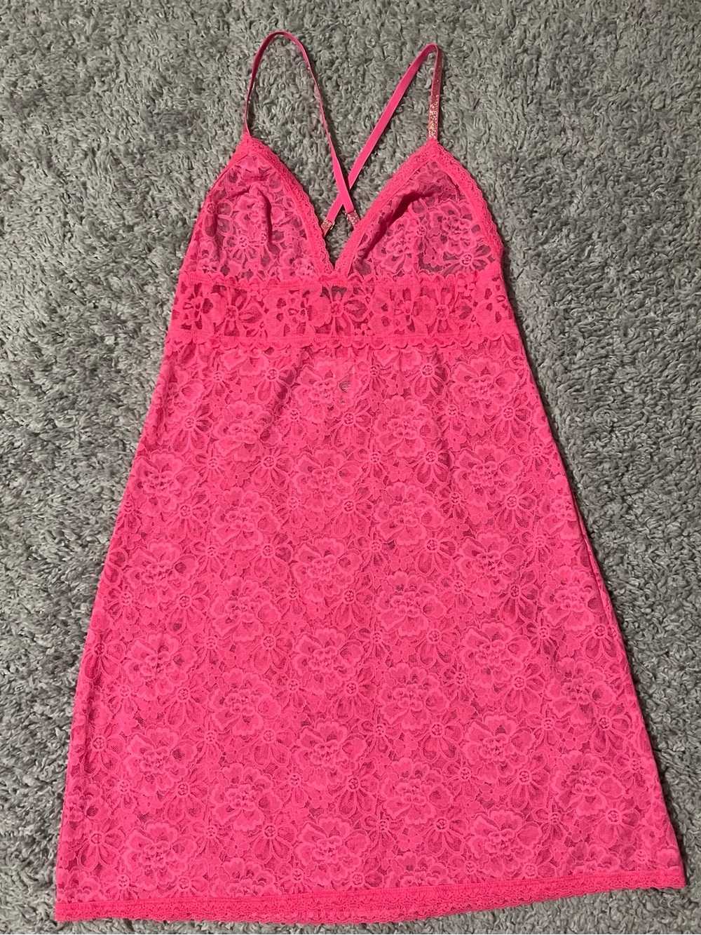 Hot Pink Lace Slip Dress with gold straps